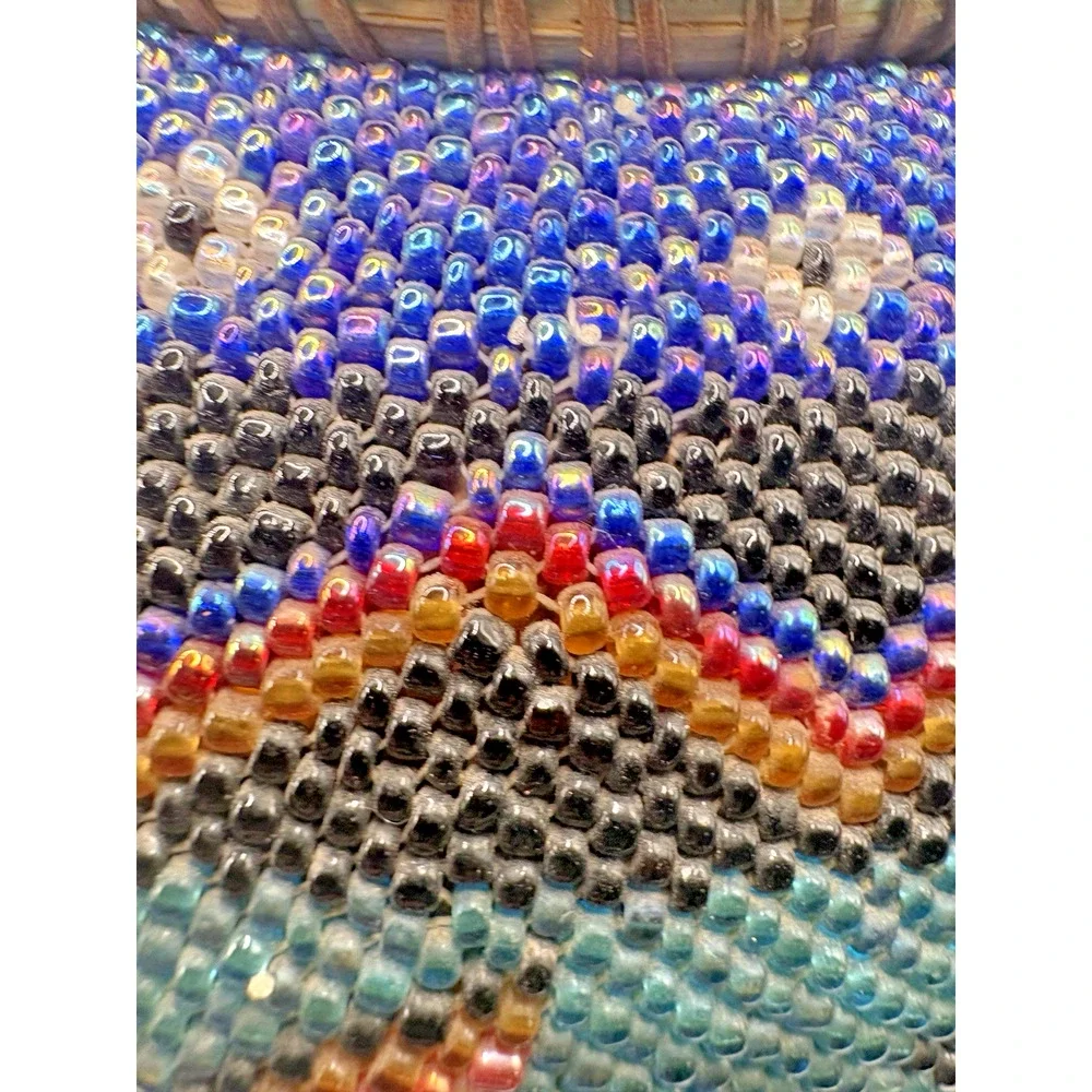 Indonesian Hand Beaded Woven Folk Art Blue Green Geometric Design Basket Lid 7